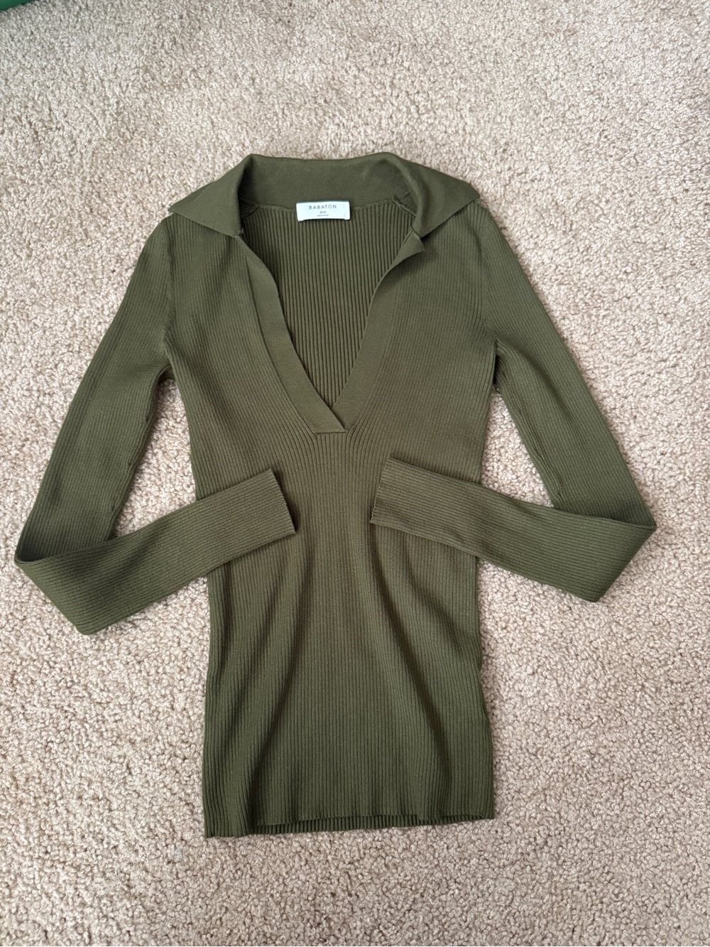 Babaton Olive Ribbed V-Neck Polo Sweater